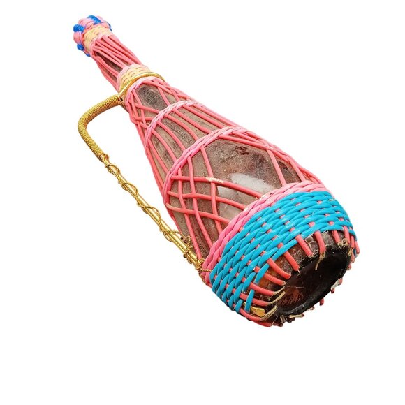 Vintage Woven Glass Bottle With Pink & Blue Straw Design And Handle - Picture 3 of 5